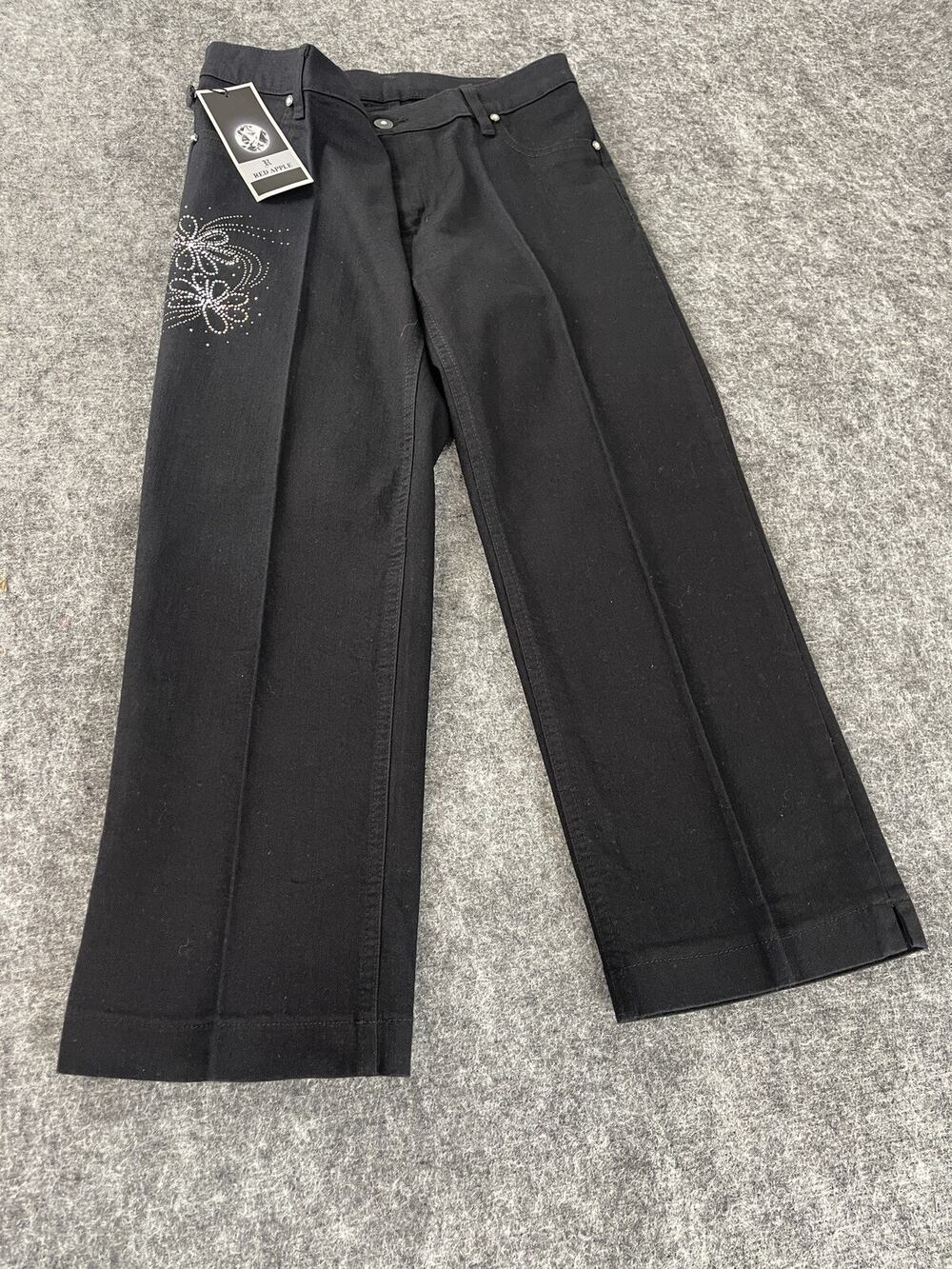Red Apple Capri Jeans Womens 6 Black Pants Stretch Denim W:29 Beaded N146